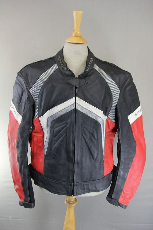 BUFFALO BLACK, RED, SILVER & WHITE LEATHER BIKER JACKET + KNOX CE ARMOUR 46 INCH