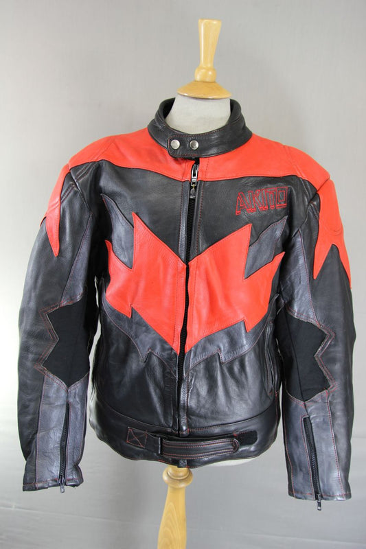 AKITO BLACK, RED & SILVER LEATHER BIKER JACKET WITH REMOVABLE PROTECTORS 42 INCH