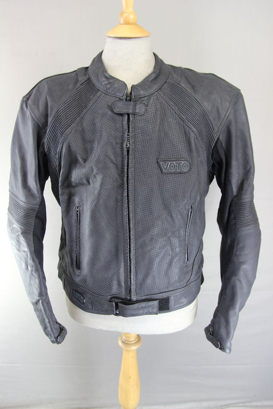 VOTO BLACK LEATHER BIKER JACKET WITH BACK, SHOULDER & ELBOW ARMOUR: 46-48 IN/2XL