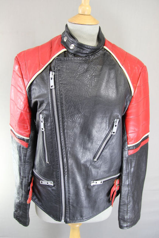 VINTAGE 1970's BLACK, RED & WHITE LEATHER BIKER JACKET 40 INCH CHEST