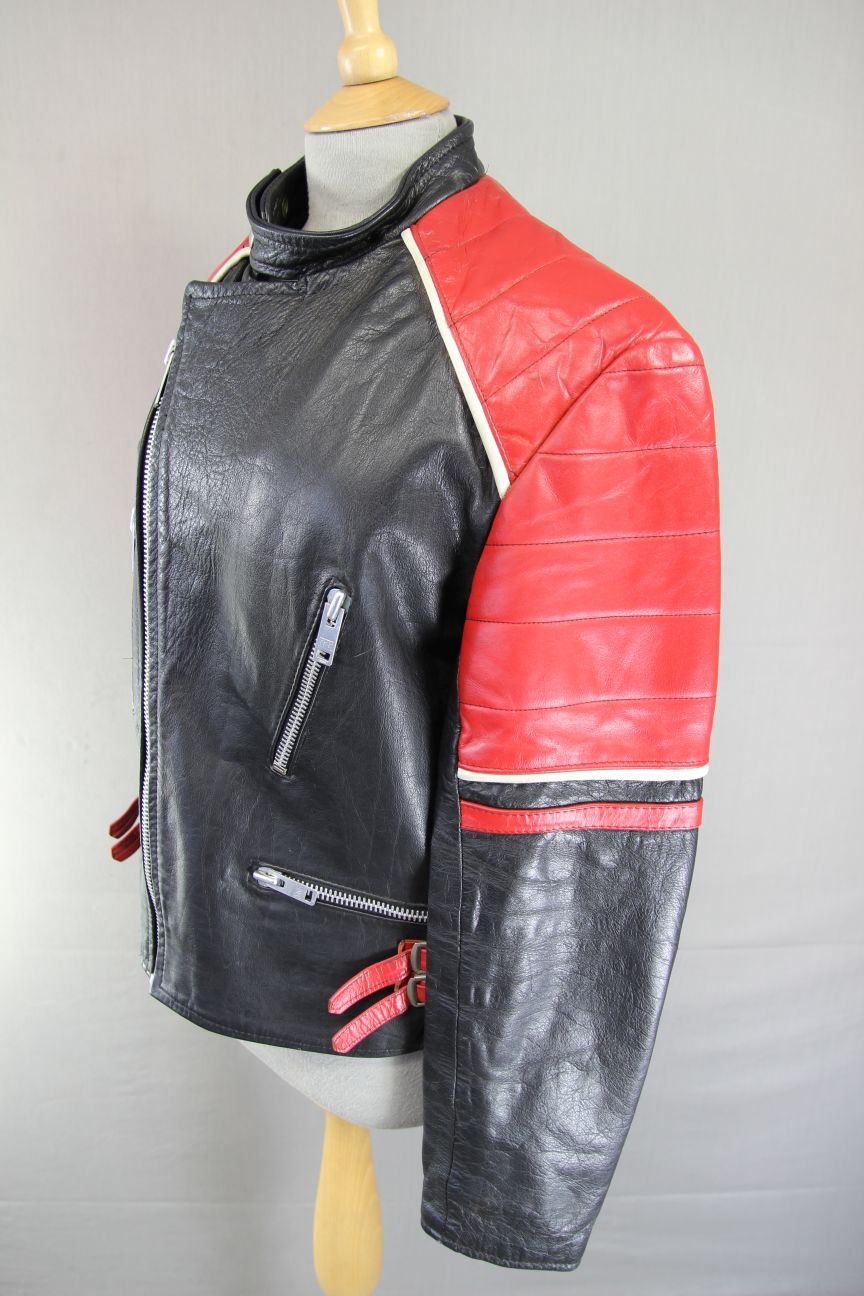 VINTAGE 1970's BLACK, RED & WHITE LEATHER BIKER JACKET 40 INCH CHEST