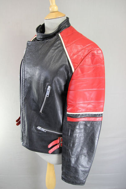 VINTAGE 1970's BLACK, RED & WHITE LEATHER BIKER JACKET 40 INCH CHEST
