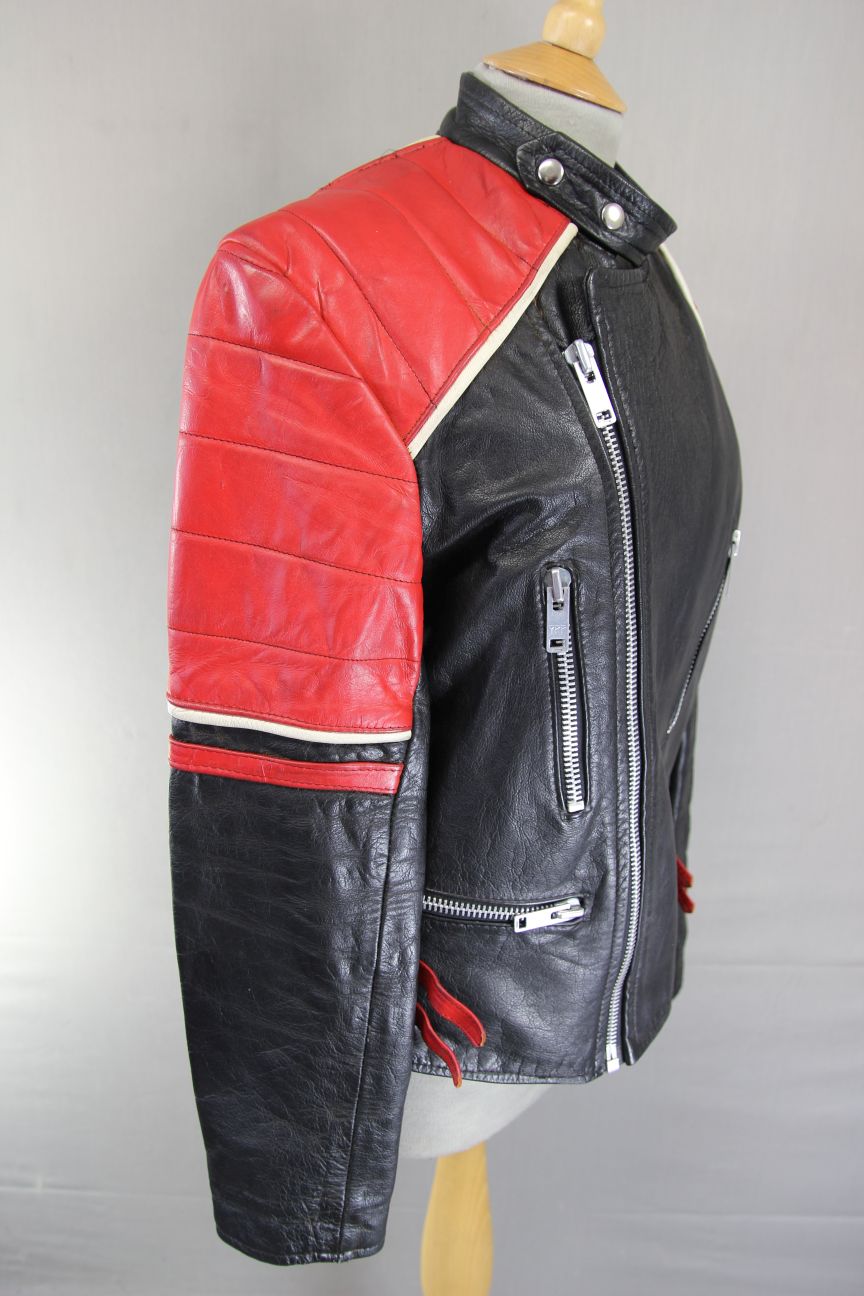 VINTAGE 1970's BLACK, RED & WHITE LEATHER BIKER JACKET 40 INCH CHEST