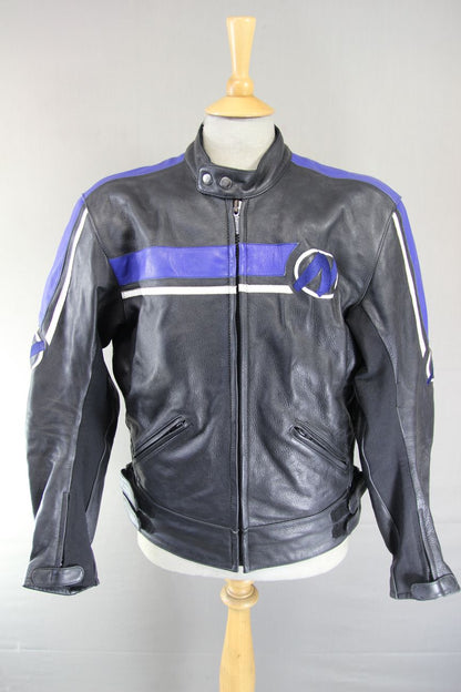 NITRO BLACK, BLUE & WHITE LEATHER BIKER JACKET WITH CE ARMOUR 42-44 INCH/LARGE