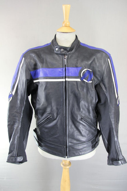 NITRO BLACK, BLUE & WHITE LEATHER BIKER JACKET WITH CE ARMOUR 42-44 INCH/LARGE