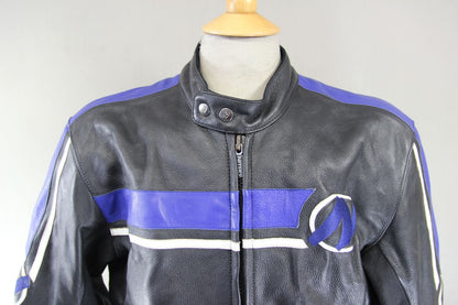 NITRO BLACK, BLUE & WHITE LEATHER BIKER JACKET WITH CE ARMOUR 42-44 INCH/LARGE