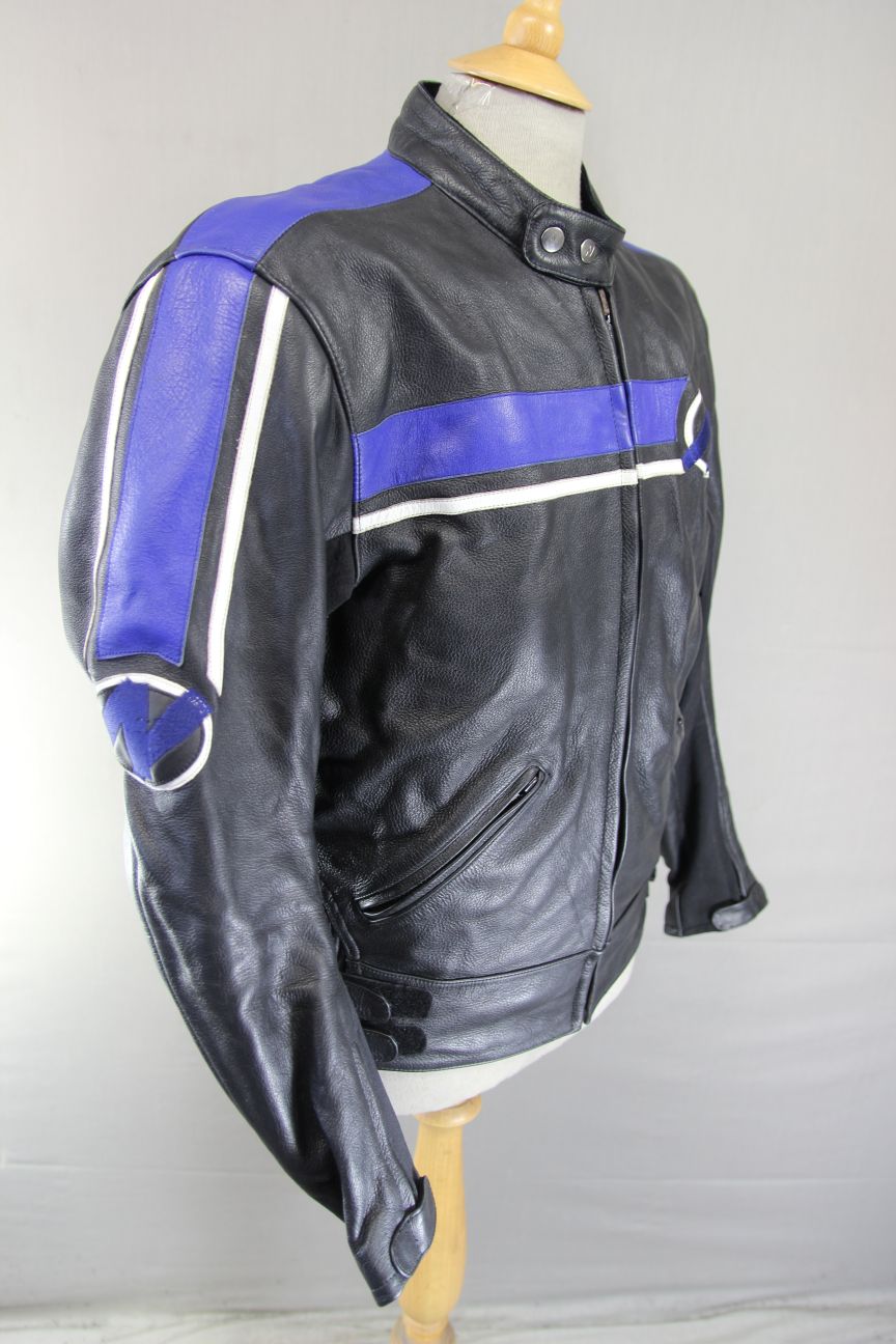 NITRO BLACK, BLUE & WHITE LEATHER BIKER JACKET WITH CE ARMOUR 42-44 INCH/LARGE