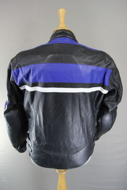NITRO BLACK, BLUE & WHITE LEATHER BIKER JACKET WITH CE ARMOUR 42-44 INCH/LARGE