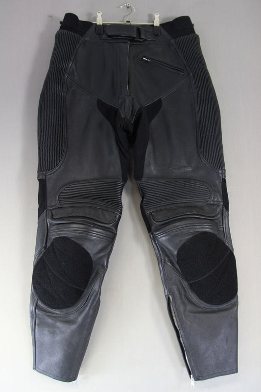 TEKNIC BLACK LEATHER BIKER TROUSERS WITH CE ARMOUR SIZE 12 WAIST 30 IN/LEG 29 IN