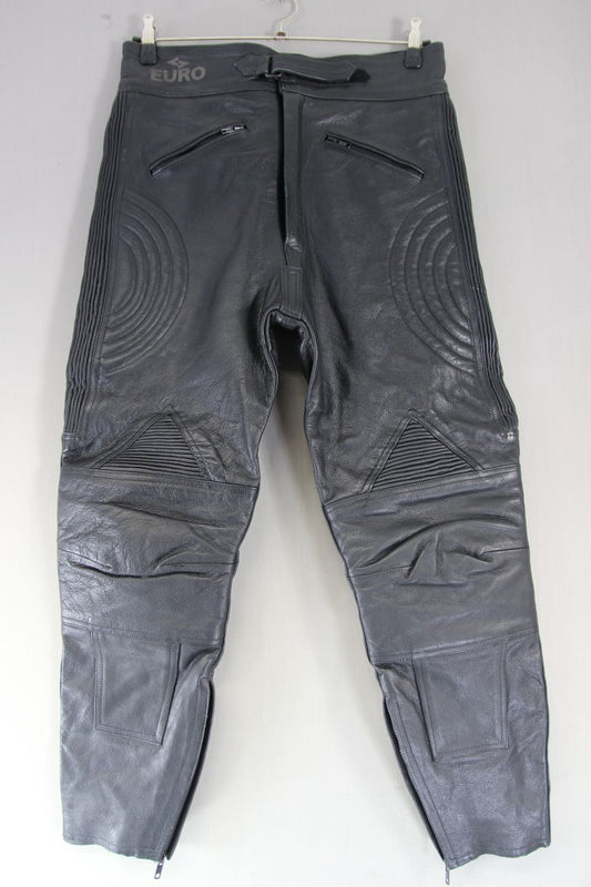 EURO STYLE CLASSIC BLACK LEATHER BIKER TROUSERS WAIST 34-36 IN/INSIDE LEG 28 IN