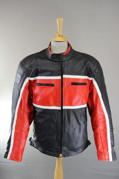 BLACK, RED & WHITE LEATHER BIKER JACKET + BACK, SHOULDER & ELBOW PROTECTORS 42IN