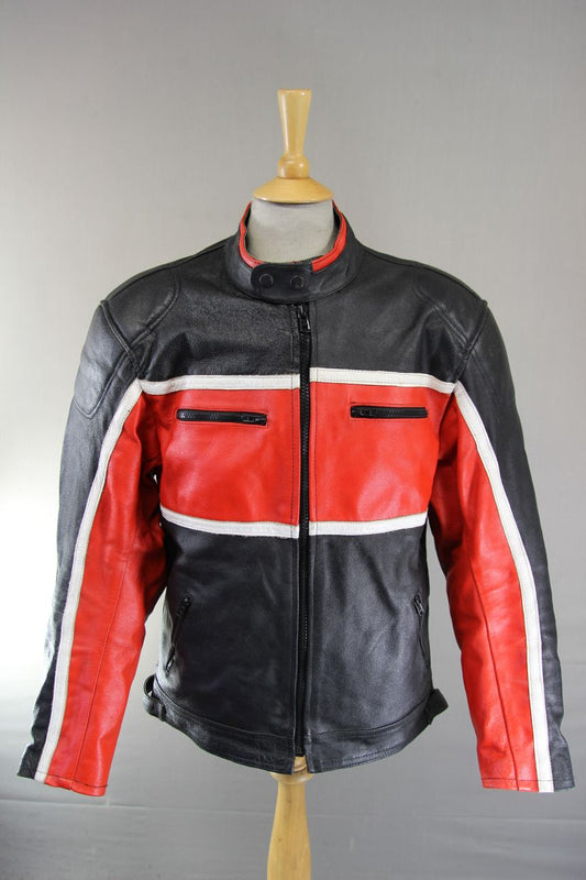 BLACK, RED & WHITE LEATHER BIKER JACKET + BACK, SHOULDER & ELBOW PROTECTORS 42IN