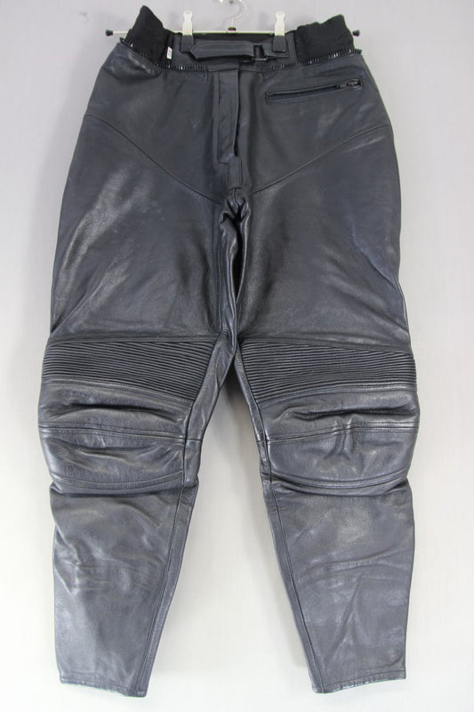 IXS BLACK LEATHER WOMEN'S BIKER TROUSERS: WAIST 30 INCHES/INSIDE LEG 27.5 INCHES