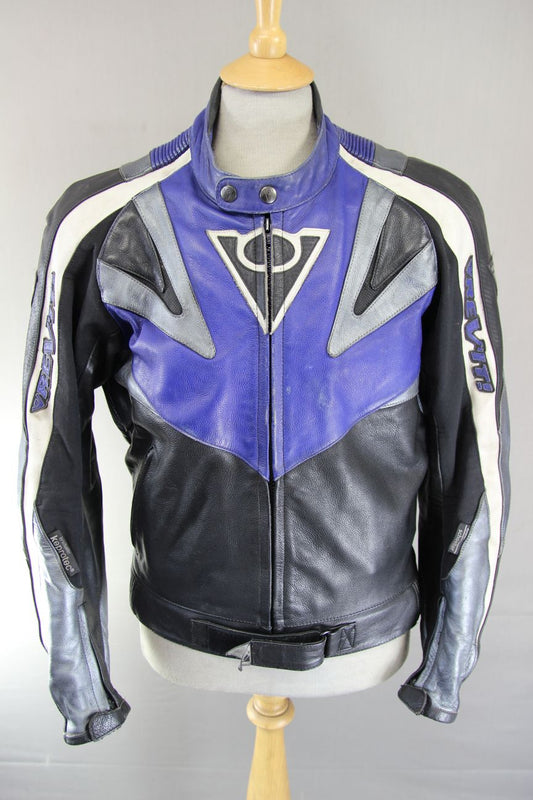 REV'IT! BLACK, BLUE, SILVER & WHITE LEATHER BIKER JACKET WITH CE ARMOUR 40 INCH