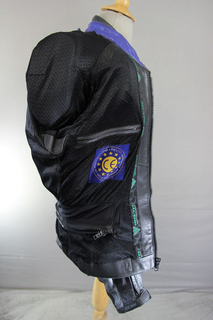 REV'IT! BLACK, BLUE, SILVER & WHITE LEATHER BIKER JACKET WITH CE ARMOUR 40 INCH