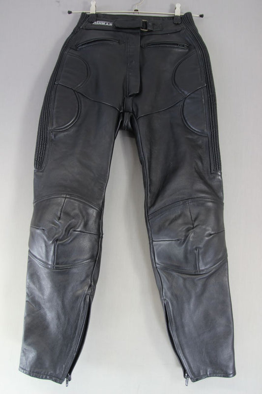 ASHMAN BLACK COWHIDE LEATHER BIKER TROUSERS SIZE 10 WAIST 26 IN/INSIDE LEG 29 IN