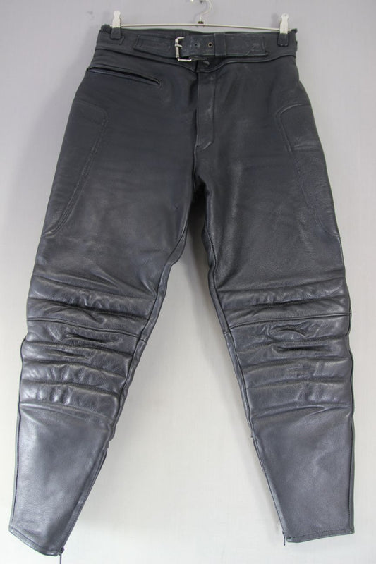 CLASSIC BLACK LEATHER BIKER TROUSERS: WAIST 32 INCHES/INSIDE LEG 28 INCHES