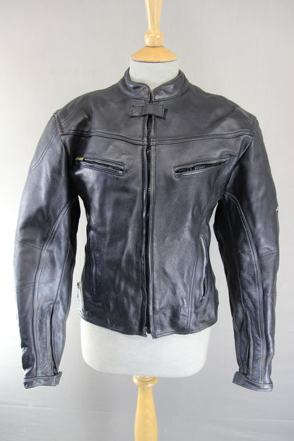 ACE LEATHERS BLACK & SILVER BIKER JACKET WITH REMOVABLE CE ARMOUR: SIZE 12-14