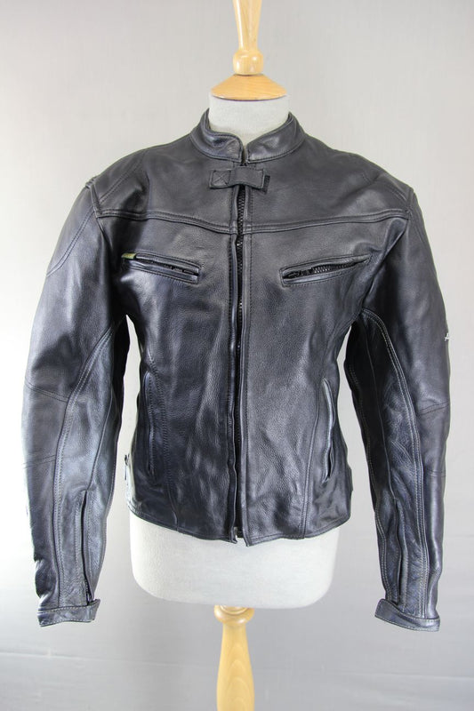 ACE LEATHERS BLACK & SILVER BIKER JACKET WITH REMOVABLE CE ARMOUR: SIZE 12-14