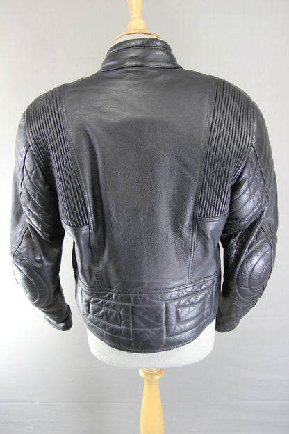 RIOSSI BLACK LEATHER BIKER JACKET WITH BACK, SHOULDER & ELBOW PROTECTORS 36-38IN