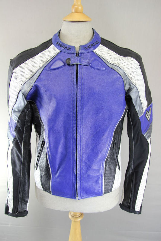 FRANK THOMAS BLUE, BLACK, WHITE & SILVER LEATHER BIKER JCKT WITH PROTECTORS 40IN