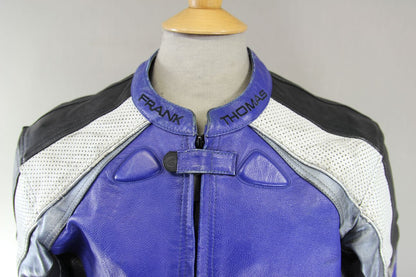 FRANK THOMAS BLUE, BLACK, WHITE & SILVER LEATHER BIKER JCKT WITH PROTECTORS 40IN