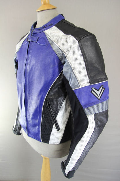 FRANK THOMAS BLUE, BLACK, WHITE & SILVER LEATHER BIKER JCKT WITH PROTECTORS 40IN