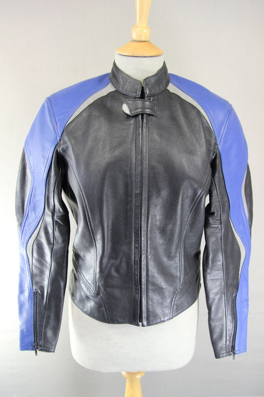 HEIN GERICKE BLACK & BLUE LEATHER BIKER JACKET WITH REMOVABLE CE ARMOUR: SIZE 8