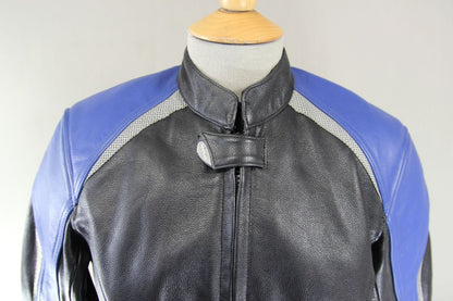 HEIN GERICKE BLACK & BLUE LEATHER BIKER JACKET WITH REMOVABLE CE ARMOUR: SIZE 8