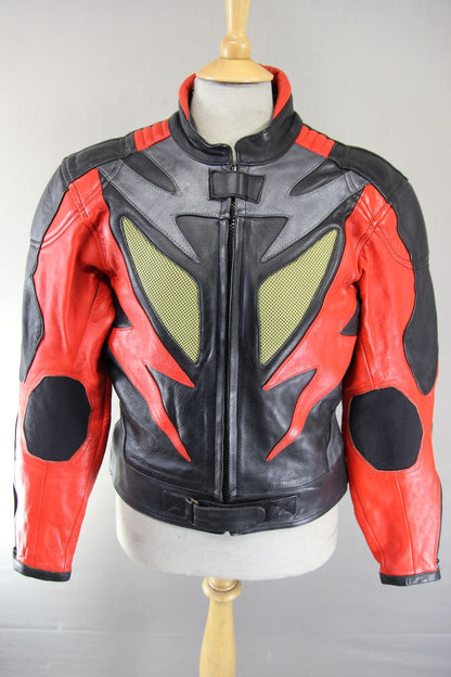 CLASSIC J&S BLACK, RED & SILVER LEATHER REFLECTIVE BIKER JACKET 40 INCH CHEST