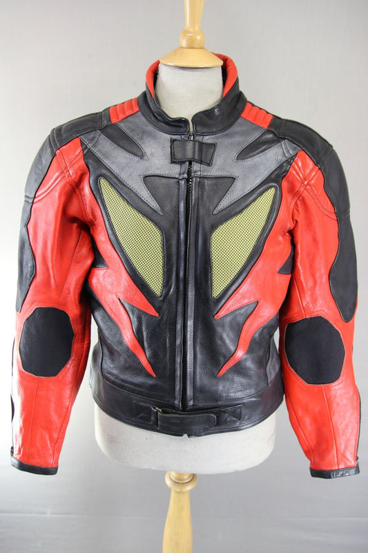CLASSIC J&S BLACK, RED & SILVER LEATHER REFLECTIVE BIKER JACKET 40 INCH CHEST