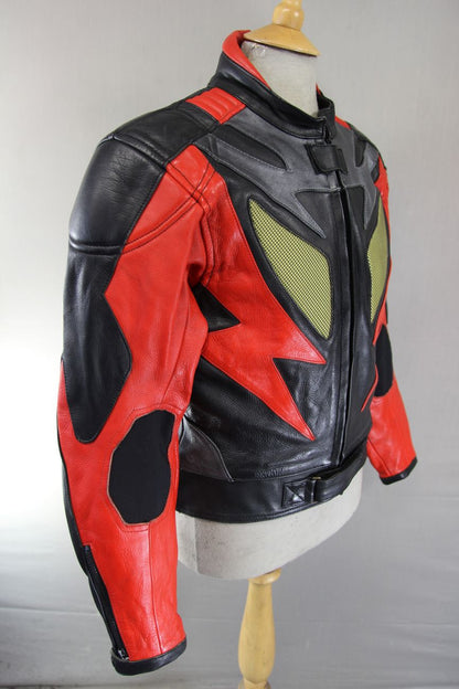 CLASSIC J&S BLACK, RED & SILVER LEATHER REFLECTIVE BIKER JACKET 40 INCH CHEST