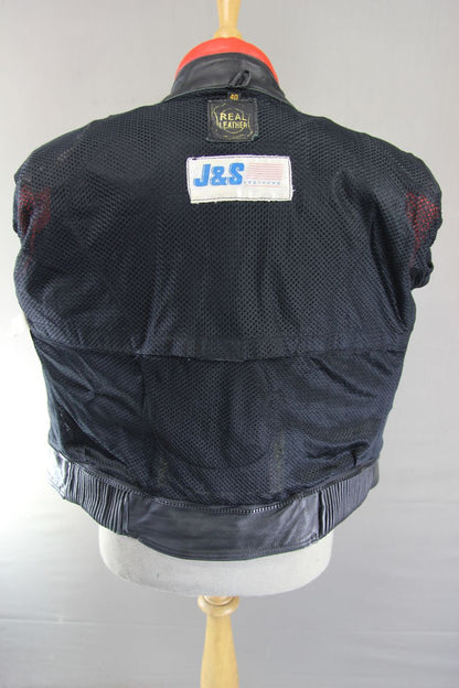 CLASSIC J&S BLACK, RED & SILVER LEATHER REFLECTIVE BIKER JACKET 40 INCH CHEST