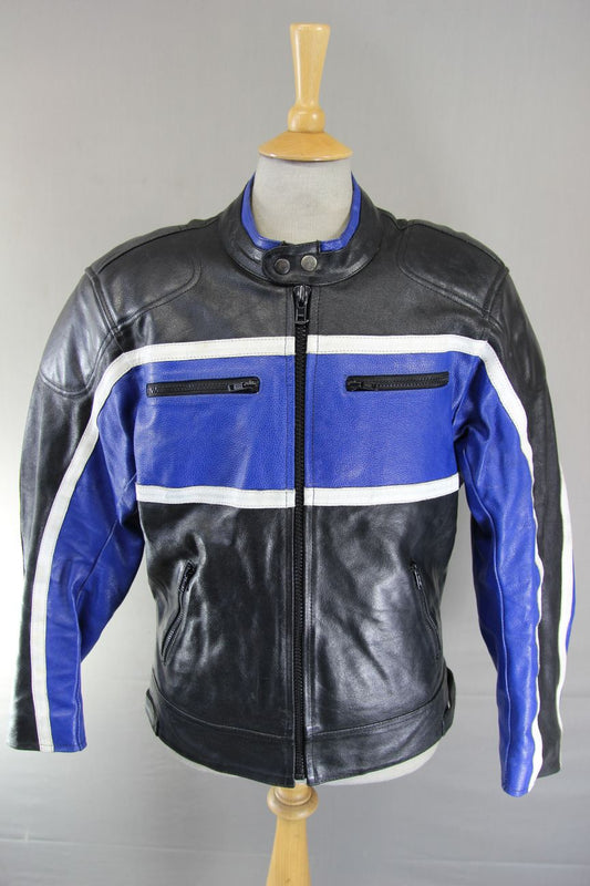 PROTO BLACK, BLUE & WHITE LEATHER BIKER JACKET 42 INCH CHEST/LARGE