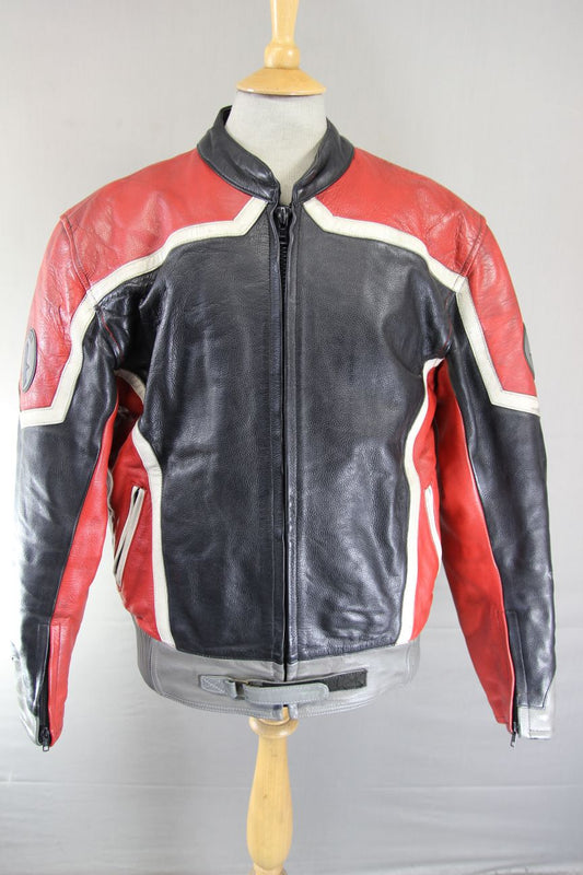 RAYVEN BLACK, RED, GREY & WHITE LEATHER BIKER JACKET 42-44 INCH CHEST/LARGE
