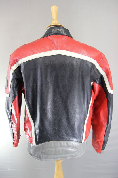 RAYVEN BLACK, RED, GREY & WHITE LEATHER BIKER JACKET 42-44 INCH CHEST/LARGE