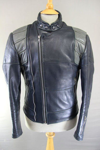 CLASSIC VINTAGE 1980's DARK & LIGHT GREY MQP LEATHER BIKER JACKET 38-40 INCH