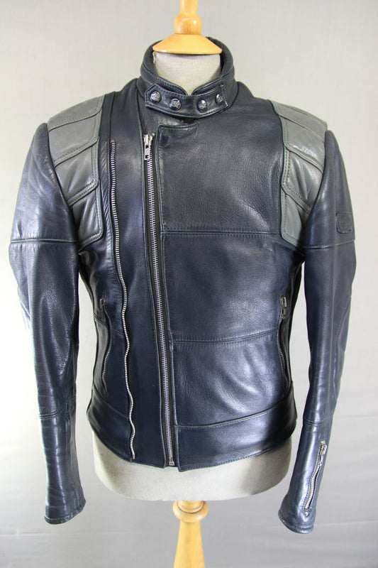 CLASSIC VINTAGE 1980's DARK & LIGHT GREY MQP LEATHER BIKER JACKET 38-40 INCH