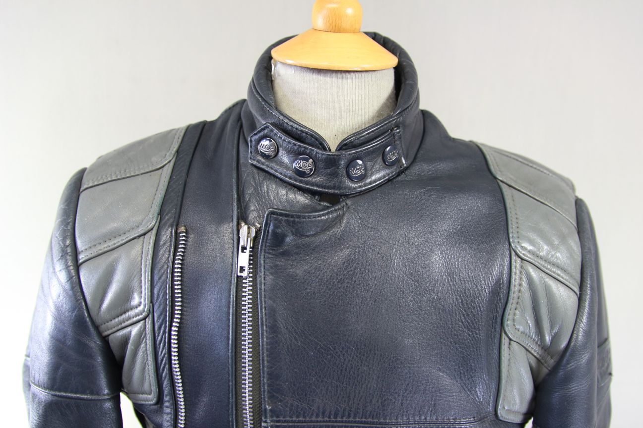 CLASSIC VINTAGE 1980's DARK & LIGHT GREY MQP LEATHER BIKER JACKET 38-40 INCH
