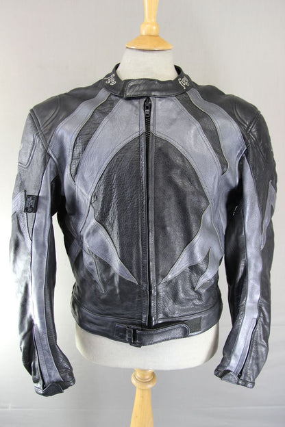 FIGO BLACK & SILVER LEATHER BIKER JACKET WITH REMOVABLE CE ARMOUR 42-44 INCH