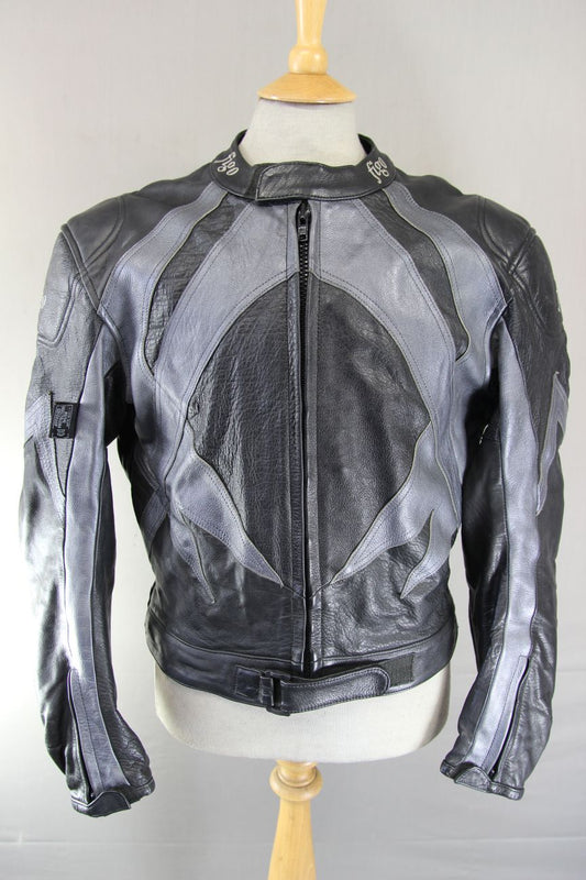 FIGO BLACK & SILVER LEATHER BIKER JACKET WITH REMOVABLE CE ARMOUR 42-44 INCH