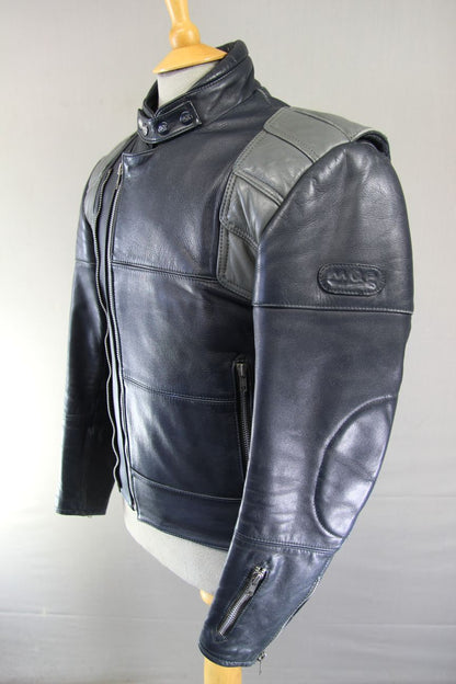 CLASSIC VINTAGE 1980's DARK & LIGHT GREY MQP LEATHER BIKER JACKET 38-40 INCH