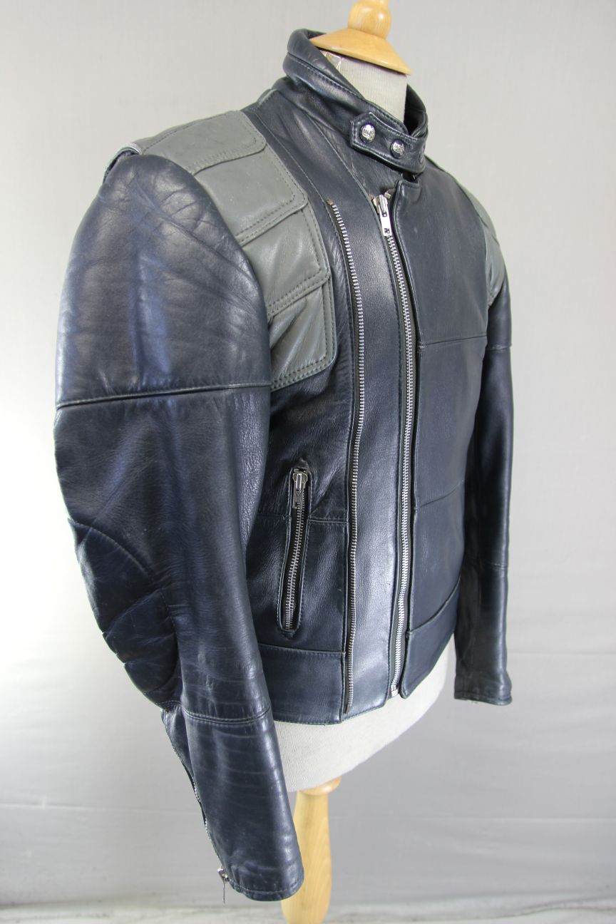CLASSIC VINTAGE 1980's DARK & LIGHT GREY MQP LEATHER BIKER JACKET 38-40 INCH