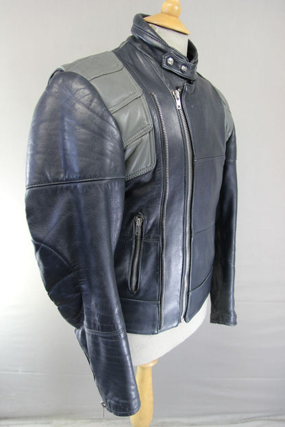 CLASSIC VINTAGE 1980's DARK & LIGHT GREY MQP LEATHER BIKER JACKET 38-40 INCH