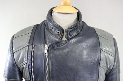 CLASSIC VINTAGE 1980's DARK & LIGHT GREY MQP LEATHER BIKER JACKET 38-40 INCH