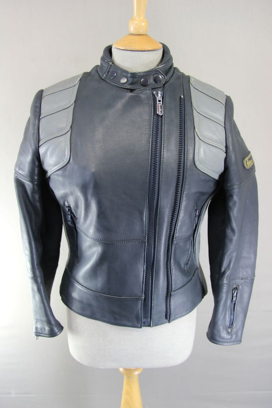 VINTAGE 70s-80s DARK & LIGHT GREY BOBO COLLECTION LEATHER BIKER JACKET: SIZE 16