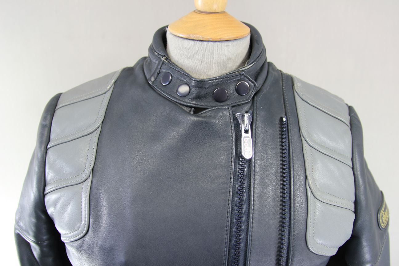 VINTAGE 70s-80s DARK & LIGHT GREY BOBO COLLECTION LEATHER BIKER JACKET: SIZE 16
