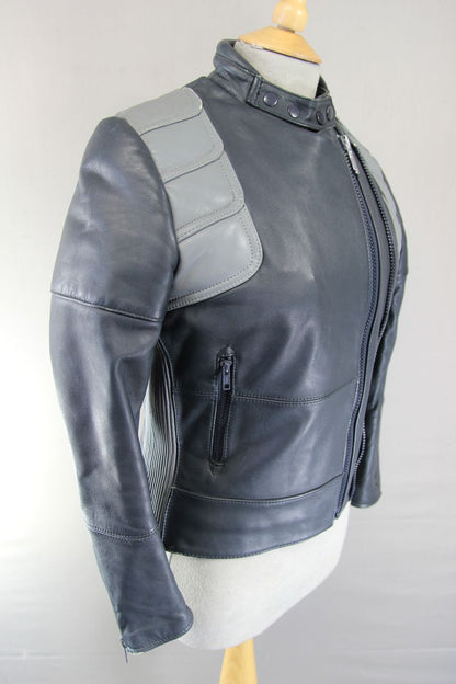 VINTAGE 70s-80s DARK & LIGHT GREY BOBO COLLECTION LEATHER BIKER JACKET: SIZE 16