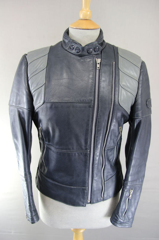 LADIES CLASSIC VINTAGE 1980's DARK & LIGHT GREY MQP LEATHER BIKER JACKET 36 INCH