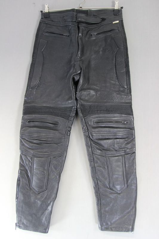 CITY OF LEATHER BLACK BIKER TROUSERS (SHORT FIT): WAIST 32 IN/INSIDE LEG 29 IN